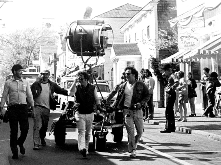 Spielberg and his film crew on the streets of Martha's Vineyard