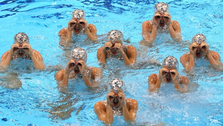 Spain competes in the Women's Teams Synchronized Swimming Free Routine final on Day 14 of the London 2012 Olympic Games at the Aquatics Centre on August 10.