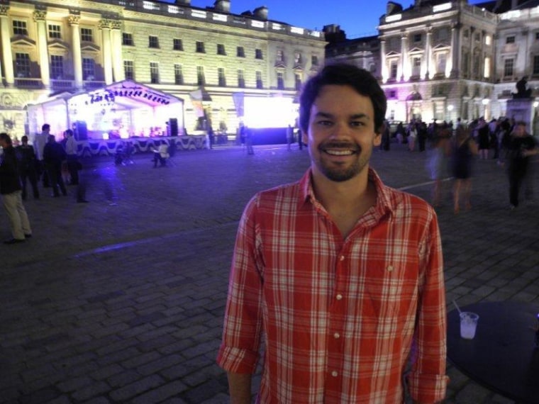 Joao Brasil celebrates London's Olympic handover to Rio at a Brazil-themed party near the River Thames on Sunday night