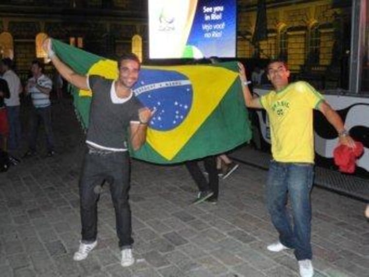 Brazilians in London celebrate the Olympic handover at the Casa Brasil exhibition space near the River Thames, Sunday night.