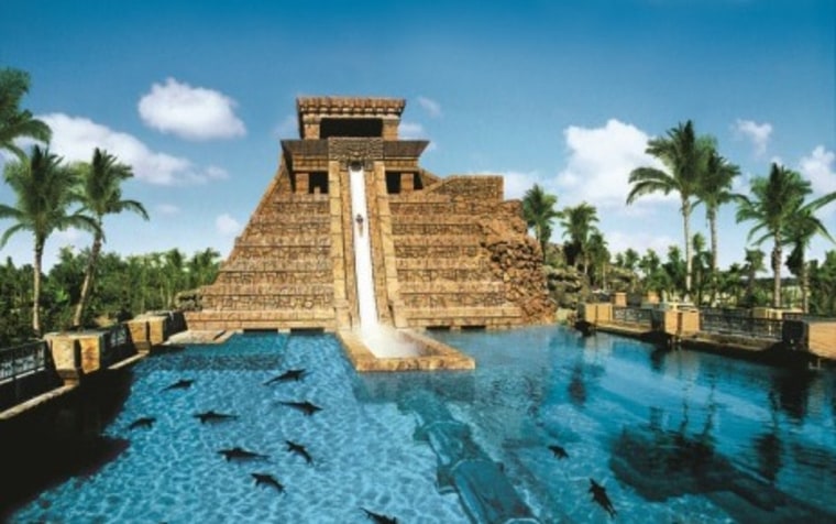 \"Leap of Faith\" is a nearly perpendicular slide that cascades down a life-size replica of a Mayan temple, at the Aquaventure Water Park at Atlantis Paradise Island in the Bahamas.