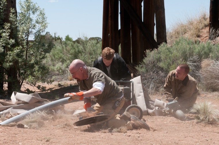 Walter (Bryan Cranston, left), Todd (Jesse Plemons, center) and Jesse (Aaron Paul) get to work securing an
