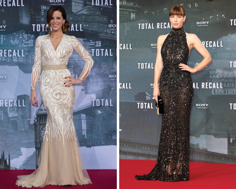 Beckinsale, left, and Biel at the German premiere of \"Total Recall.\"