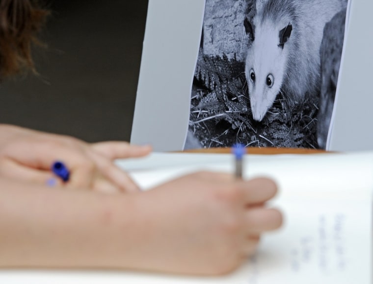 A woman writes in a condolence book in front of a photo of Germany's beloved cross-eyed opossum, named Heidi.