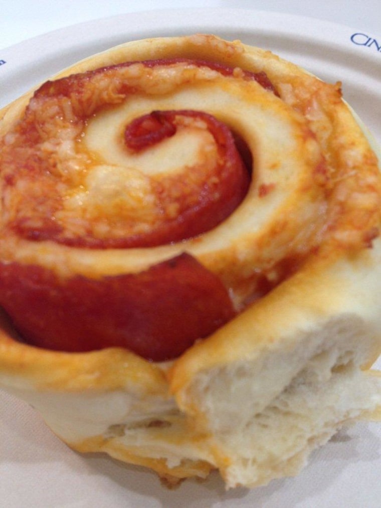 Move over cinnamon! The Pizzabon is made with pizza sauce, mozzarella cheese and pepperoni slices, all rolled up in dough.