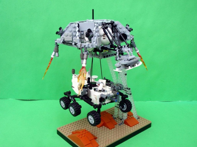 Stephen Pakbaz, an engineer who worked on the real Curiosity rover at NASA's Jet Propulsion Laboratory, created this Lego model of the rover being lowered down by its sky-crane descent stage.