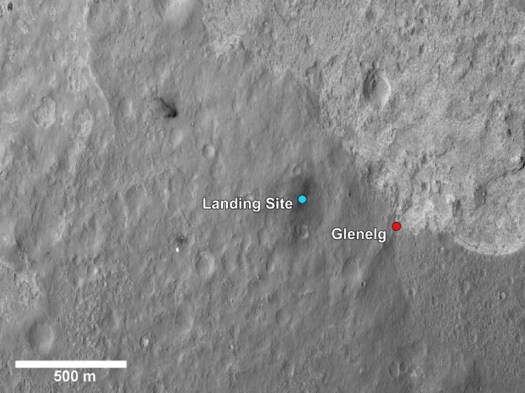 Imagery from Mars Reconnaissance Orbiter shows the area around Curiosity, including the blackened marks of the crash site for its sky-crane descent stage, and the rover's first destination, known as Glenelg.