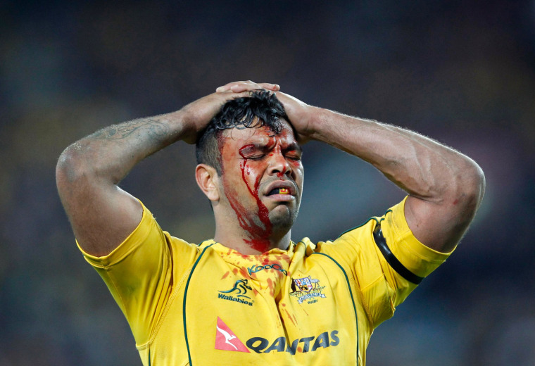Australia's Wallabies' Kurtley Beale reacts after being defeated by New Zealand All Blacks in their Bledisloe Cup rugby union test match in Sydney Aug. 18.