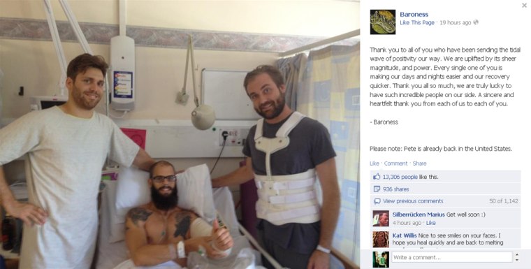 Baroness posted this photo of the musicians recovering in the hospital after the band's tour bus drove off a 30-foot viaduct in England.