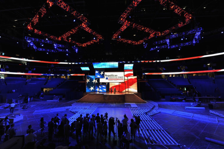 News media report on the unveiling of the stage inside of the Tampa Bay Times Forum in preparation for the Republican National Convention.