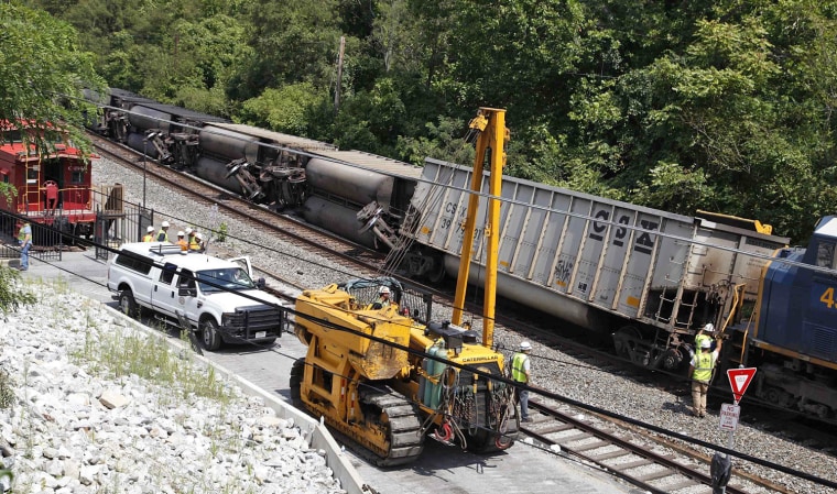 Workers begin righting an overturned freight train in Ellicott City, Md., on Aug. 21. The derailment killed two women.