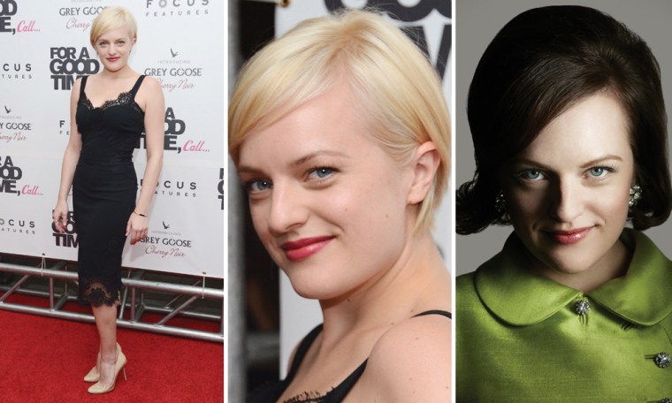 Elisabeth Moss in New York on Tuesday night, and in character on \"Mad Men,\" right.