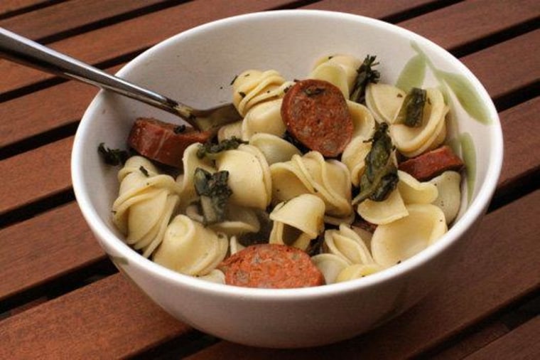 Yummy! Try orecchiette with chicory and Andouille chicken sausage.