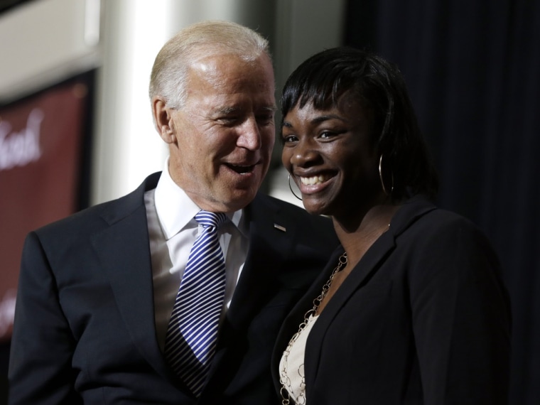 Vice President Joe Biden introduces Olympic boxing gold medalist Claressa Shields during a campaign stop at Renaissance High School, Wednesday, Aug. 22, 2012, in Detroit.