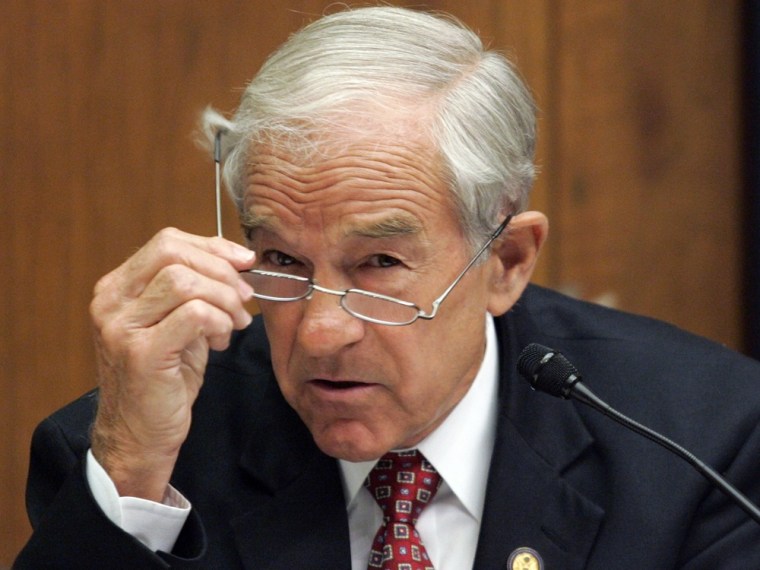 U.S. Rep. Ron Paul, R-Texas, questions Federal Reserve Board Chairman Ben Bernanke (not pictured) during his testimony before the House Financial Services Committee on Capitol Hill in Washington, in this July 21, 2009 file photo.