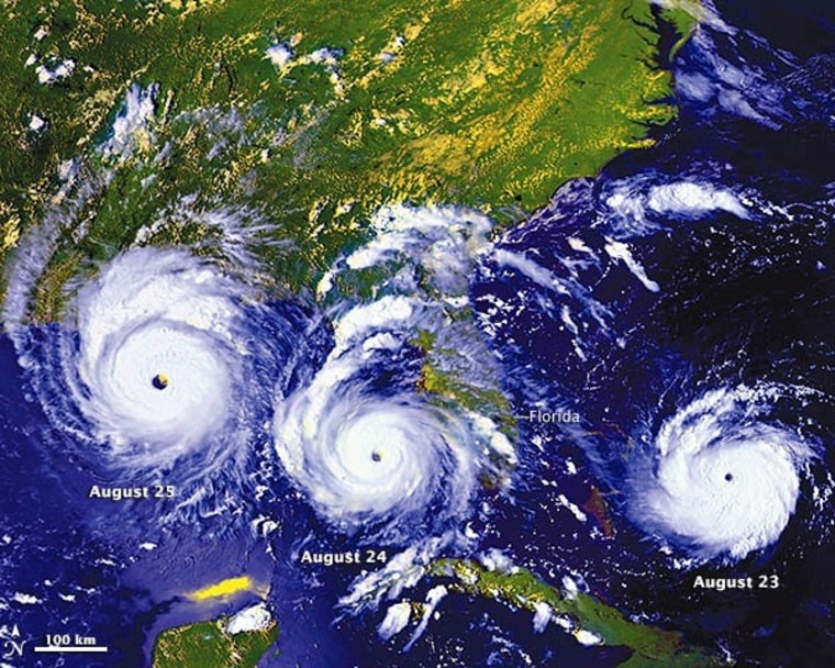 A composite image based on GOES-7 satellite data shows Hurricane Andrew moving from the Caribbean Sea, across Florida and on to the Gulf of Mexico, on Aug. 23, 24 and 25, 1992.