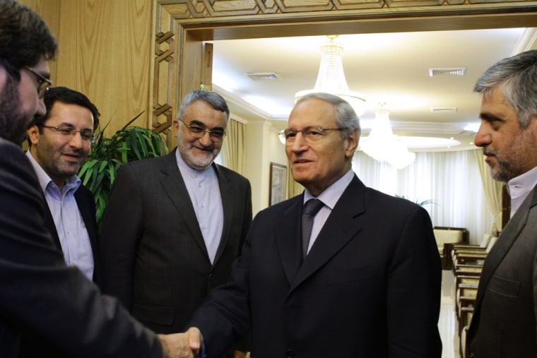 Syrian Vice President Farouk Al-Sharaa (C) on Sunday greets a member of the delegation of the Iranian Shura Council's Committee for Foreign Policy and National Security who are on an official visit to Damascus.