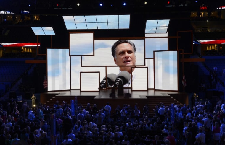 A video of Republican Presidential candidate Mitt Rmoney plays on the multiscreen after Republican National Committee Chairman Reince Priebus closed the days session at the Republican National Convention in the Tampa Bay Times Forum in Tampa, Florida, Aug. 27.