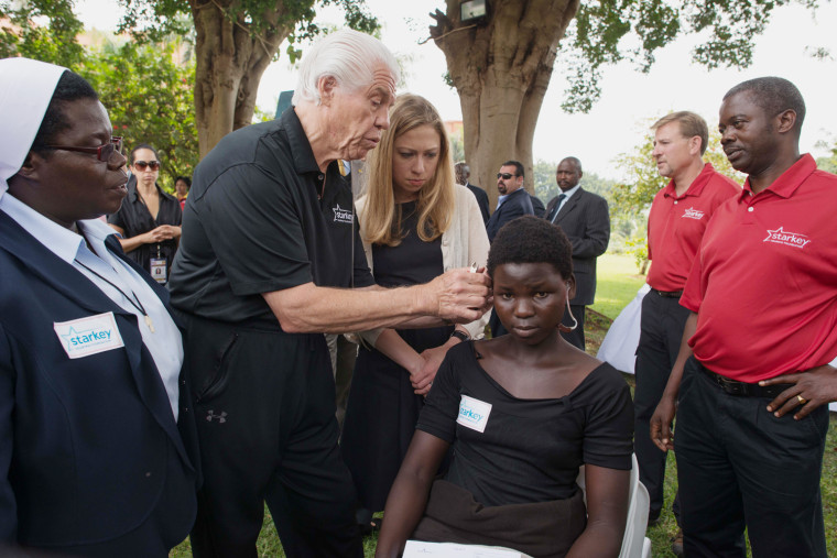 Rosemary, NBC News Special Correspondent Chelsea Clinton and Starkey foundation employees at an event to help fit Ugandans with hearing aids in Kampala, Uganda.