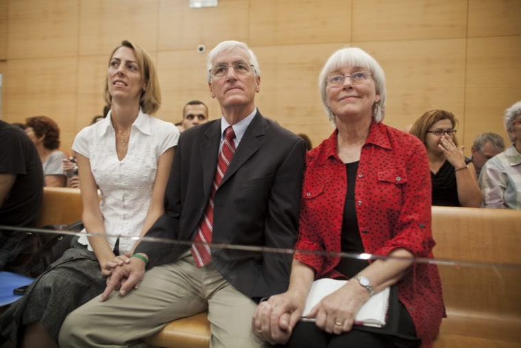 Rachel Corrie's parents Craig and Cindy and her sister Sarah, left, are seen prior to the announcement of the verdict at the Haifa district court on Tuesday.