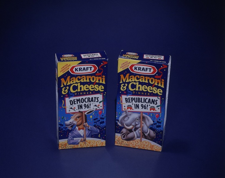 Souvenir Kraft Macaroni & Cheese boxes from the 1996 Democratic and Republican national conventions.
