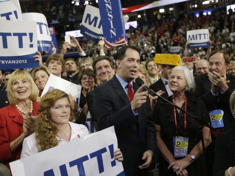 Wisconsin Gov. Scott Walker speaks as as Mitt Romney is nominated by the state delegates for the Office of the President of the United States at the Republican National Convention in Tampa, Fla., on Tuesday, Aug. 28, 2012.