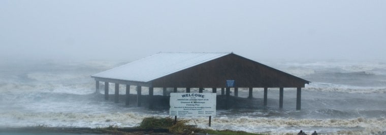 The Washington Street Pier beachfront picnic pavilion in Bay St. Louis, Miss., about 11:30 a.m. local time Wednesday, soon after high tide. The shelter was constructed as part of Hancock County's recovery from Hurricane Katrina.