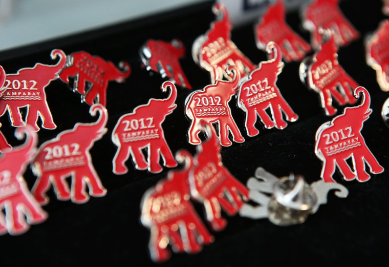 Elephant pins are on display for sale in the GOP gift shop during the Republican National Convention Aug. 29.
