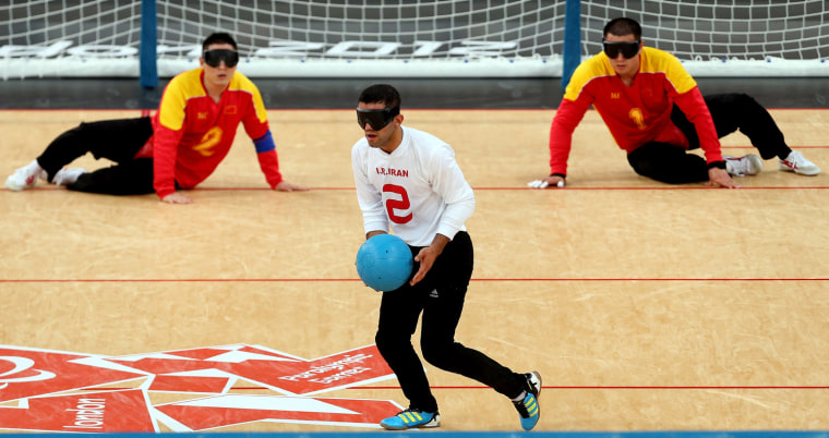 Mostafa Shahbazi Yajlou of Iran competes during the men's group B goalball match between China and Iran on Aug. 30.