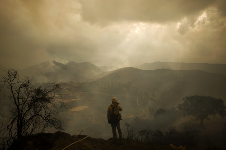 A firefighter stands near the site of a wildfire in Ojen, near the town of Malaga, on Aug. 31. Some 4,000 people were evacuated from the area. More than 250 firefighters on the ground, backed by eight planes and nine helicopters, battled the blaze after hot, dry winds sent it racing through tinder-dry forest in southern Spain.