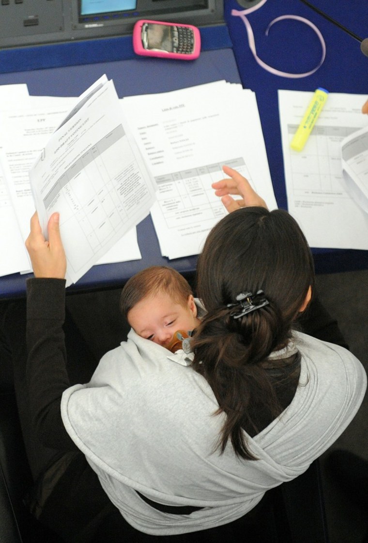 Italian politician Licia Ronzulli takes part in a vote on European maternity benefits earlier this year. About half of working first-time U.S. moms got some paid leave, according to new government data.