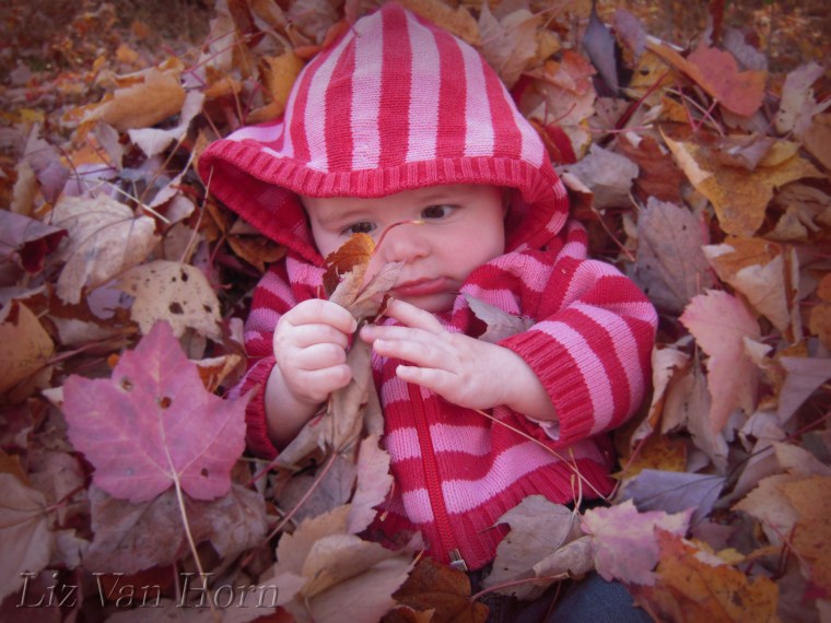 Amelia, 6 months, discovers her first leaf.