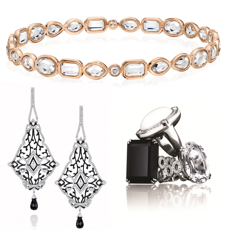 Mixed Cut Rose Gold Rock Diamond Bangle Bracelet; Chandelier Earrings with Faceted Black Onyx Drops; Cocktail Rings