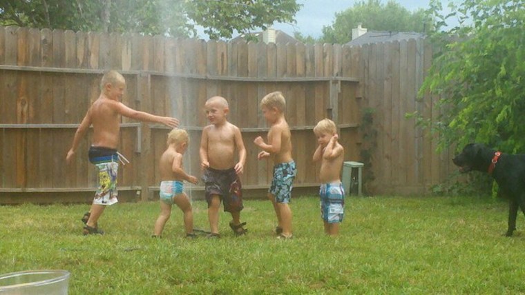 My boys and nephews cool off in the sprinkler. From L to R: Zach, Chris, Mikie, Caleb and Trace
