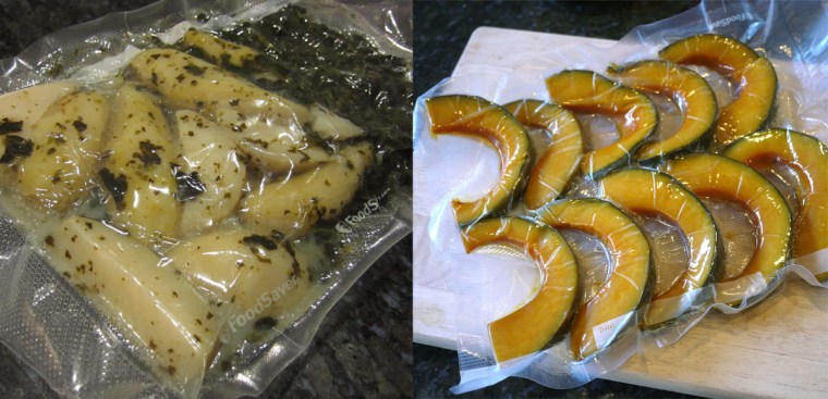 Spinach and potatoes at left; kabocha squash on the right.