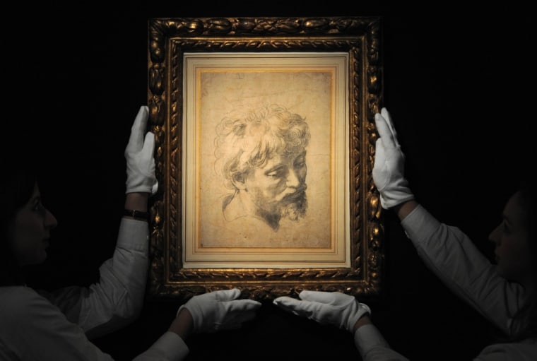 A drawing by Italian artist Raphael entitled \"Head of an Apostle\" is shown at Sotheby's auction house in London last month.
