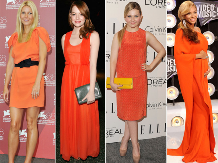 Tangerine was everywhere in 2011:  Gwyneth Paltrow at the 68th Venice Film Festival on Sept. 3, 2011; Emma Stone at the American Museum of Natural History on Nov. 10, 2011 in New York City; Abigail Breslin arrives at ELLE's 18th Annual Women in Hollywood Tribute on Oct. 17, 2011 in Los Angeles; Beyonce at the 2011 MTV Video Music Awards on Aug. 28, 2011 in Los Angeles.