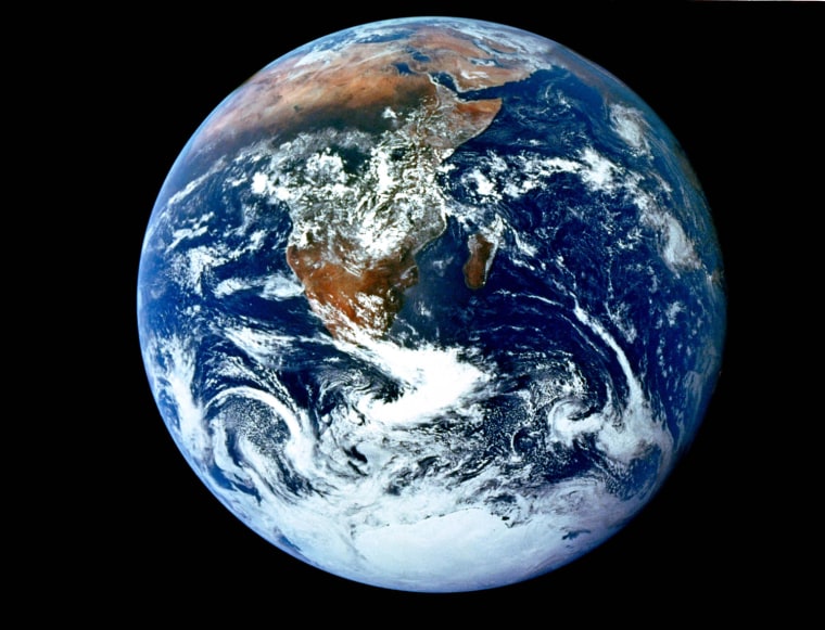 This image from Dec. 7, 1972, shows a view of Earth as seen by the Apollo 17 crew - Gene Cernan, Ronald Evans and Harrison Schmitt - as they traveled toward the moon. The view extends from the Mediterranean Sea area to Antarctica. This was the first time the Apollo trajectory made it possible to photograph the south polar ice cap.