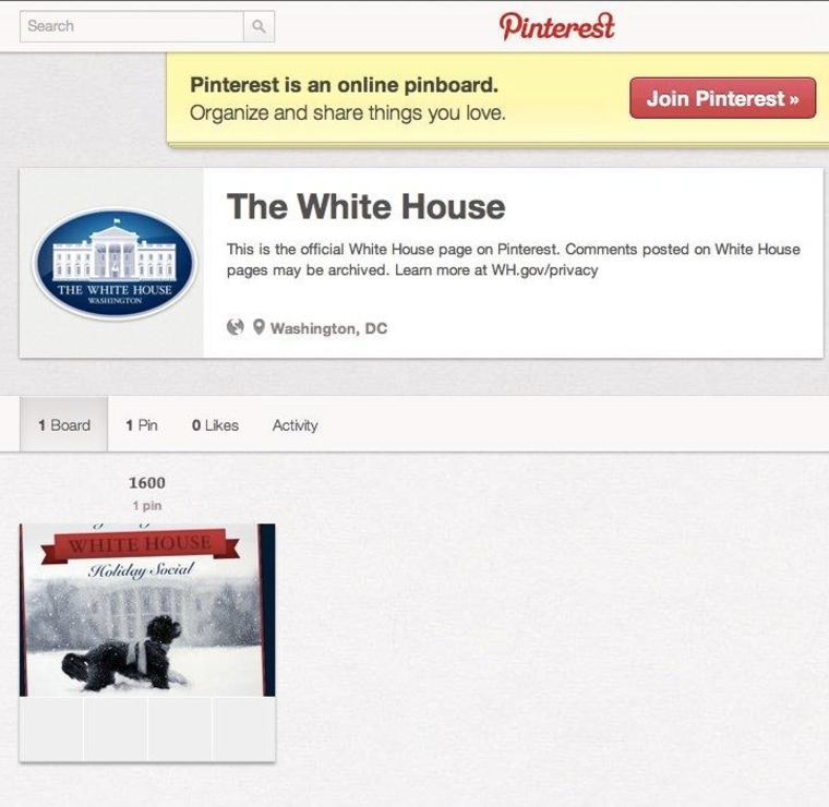 The White House Pinterest page isn't exactly very active just yet. You'll have to wait until Dec. 17 to see new pinboards on it.
