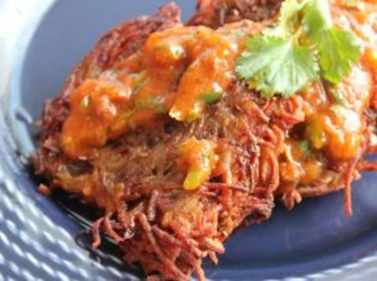 Sofrito-topped latkes by Colombian-Jewish Chef Sam Gorenstein.