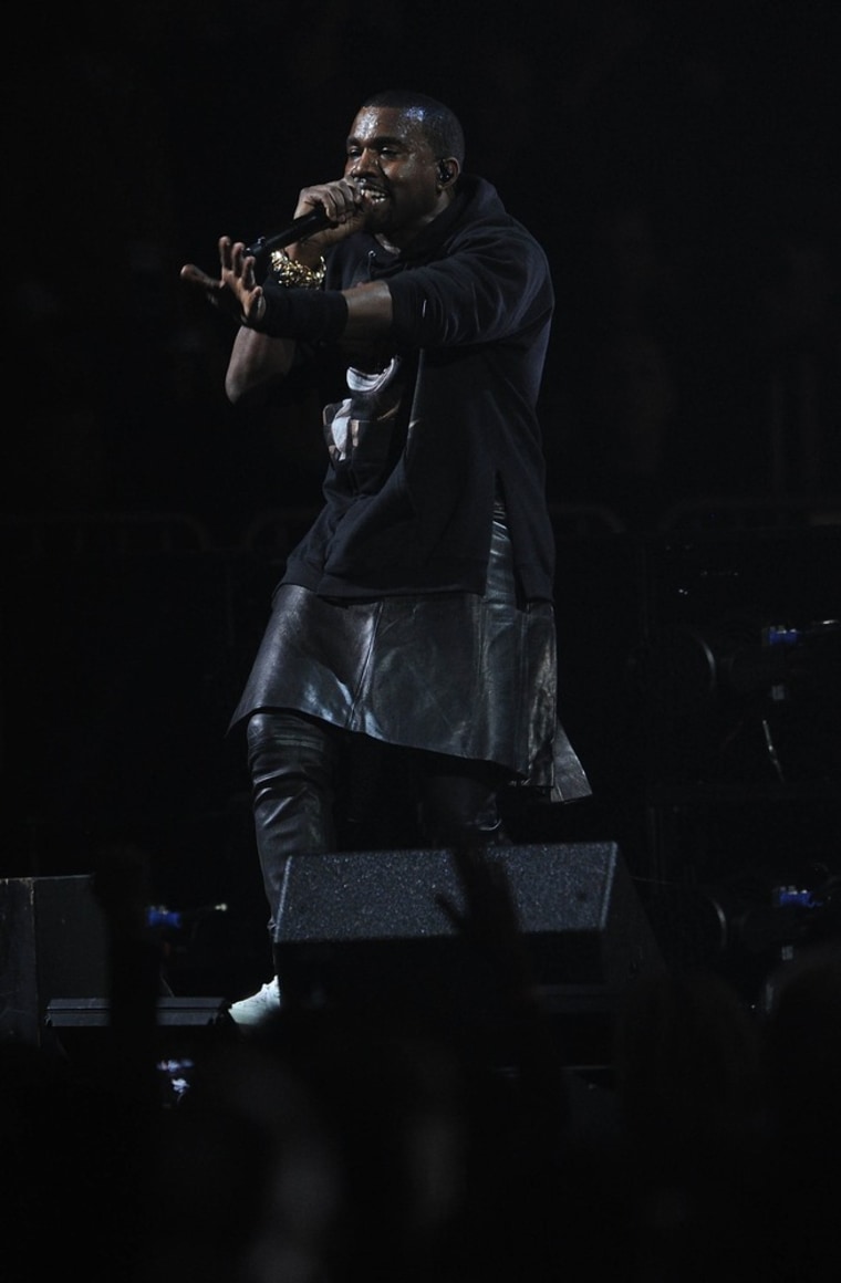 Skirting the issue: Rapper Kanye West performs in a Givenchy leather skirt at a concert benefiting the victims of Hurricane Sandy on Dec. 12 in New York City.