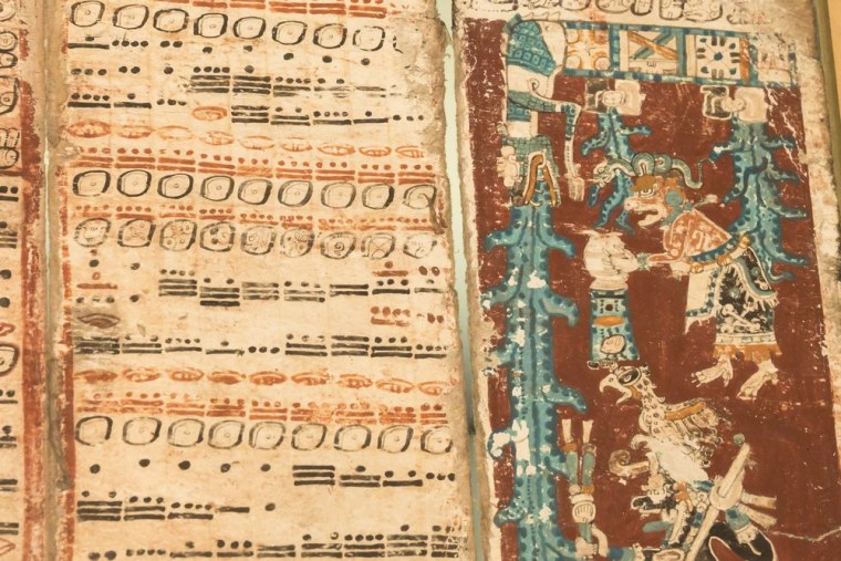 A sky caiman vomits water on one of the last pages of the 12th-century Dresden Codex, also known as the