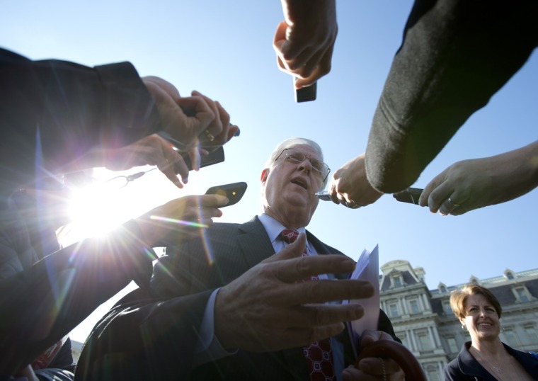 National Education Association President Dennis Van Roekel speaks to reporters as he leaves the White House in Washington, Tuesday, Nov. 13, 20...