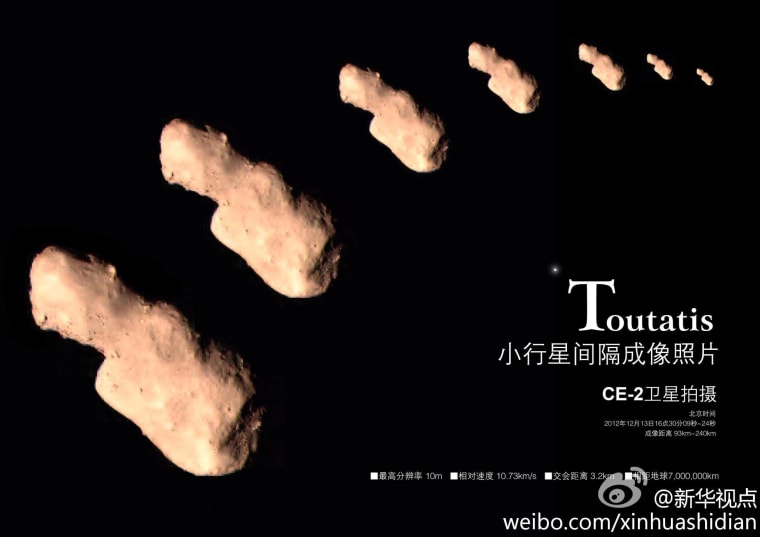 China's Chang'e-2 probe took multiple images of the asteroid Toutatis during its Dec. 13 flyby.