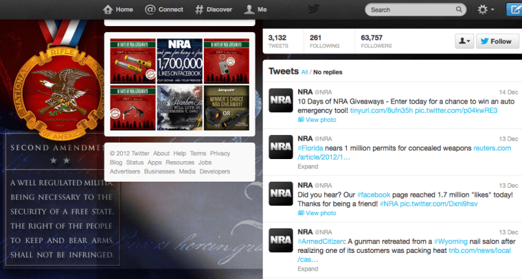 The NRA's Twitter page as of Dec. 17, 2012.
