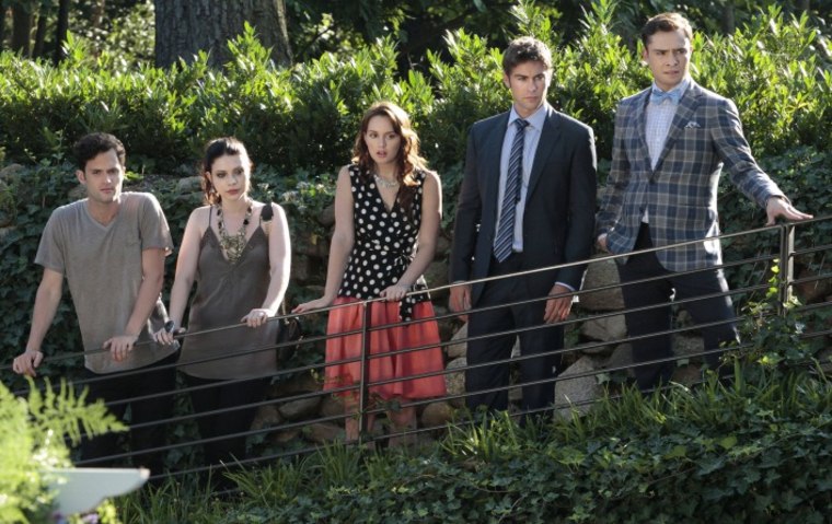 From left, Penn Badgley as Dan Humphrey, Michelle Trachtenberg as Georgina Sparks, Leighton Meester as Blair Waldorf, Chace Crawford as Nate Archibald and Ed Westwick as Chuck Bass on \"Gossip Girl.\"