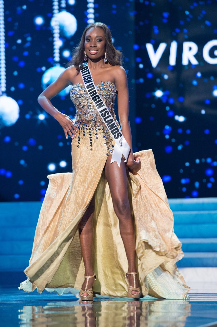Abigail Hyndman sported a sparkly bodice and a slit skirt in the Miss Univerde evening gown competition.