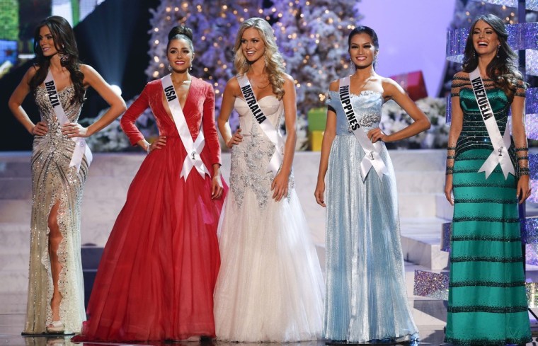 The final five contestants, from left, Miss Brazil, Miss USA, Miss Australia, Miss Philippines and Miss Venezuela.