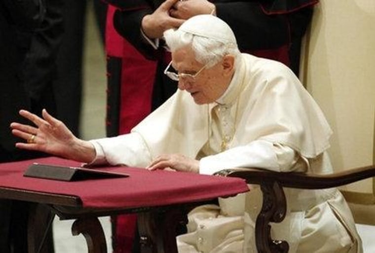 Pope Benedict XVI posts his first tweet using an iPad after his Wednesday general audience in Paul VI's Hall at the Vatican on December 12, 2012.