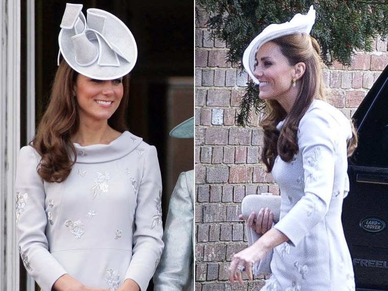 Duchess Kate is not above wearing the same outfit twice, especially when it's as stunning as this blue silk Erdem Moralioglu dress. On left, she wears it during the annual Trooping the Colour Ceremony at Buckingham Palace on June 16, 2012; on right, she returns to it for the wedding of Thierry Kelaart and Patrick Heathcoat-Amory on Sept. 29, 2012.